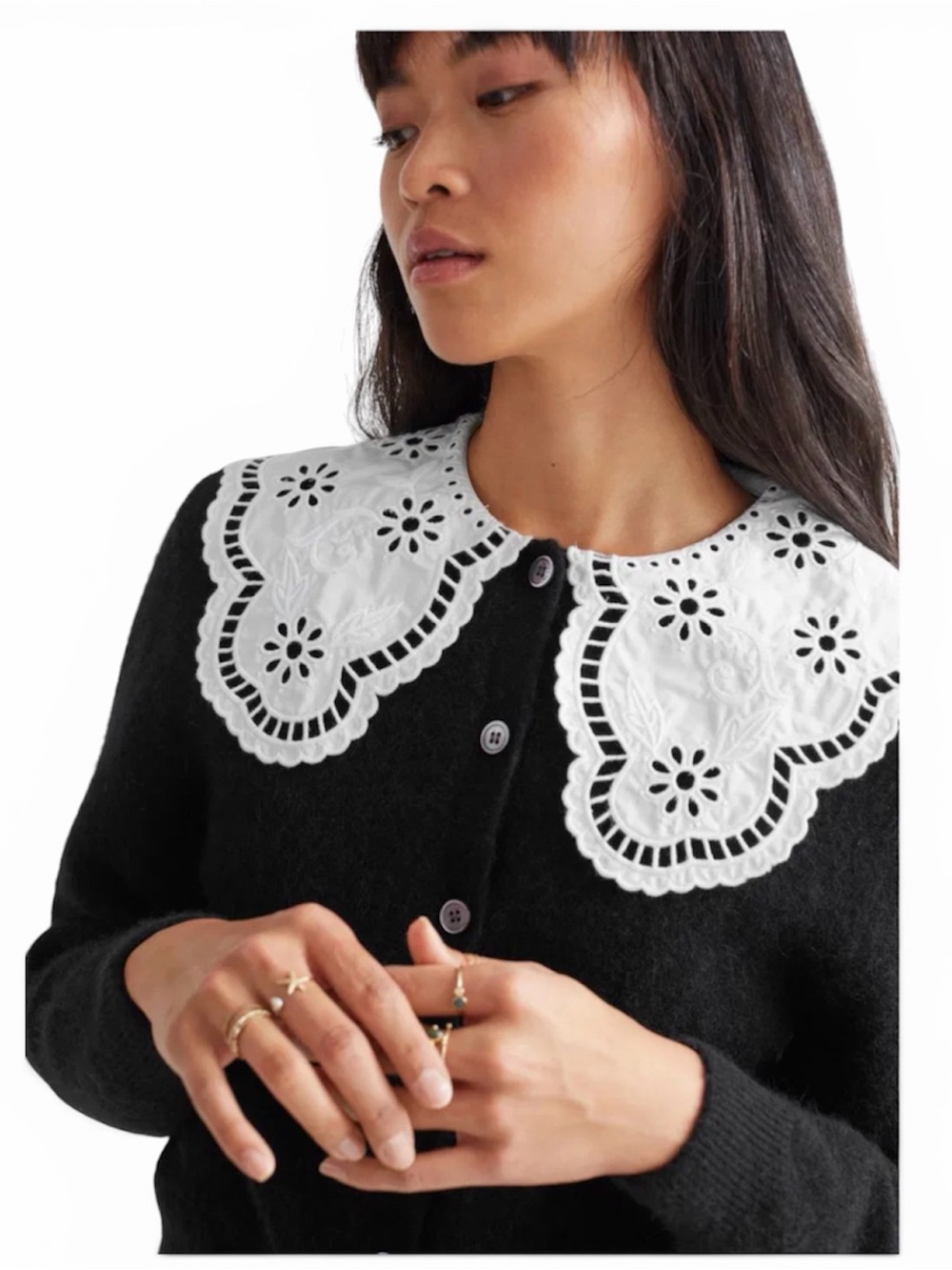 & Other Stories Black Wool Peter Pan Collar Cardigan XS Coquette French Girl
